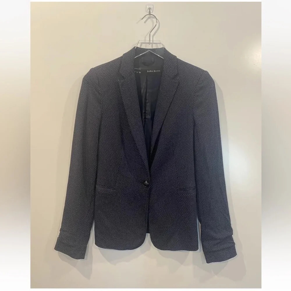 Zara Navy Blue White Polka Dot Lined Blazer Jacket Womens‎ Size XS